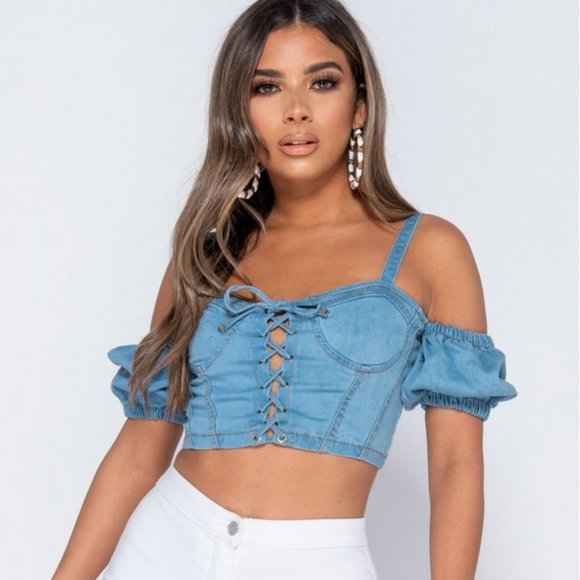 Tops - Denim Jeans Cold Shoulder Bustier Crop Top